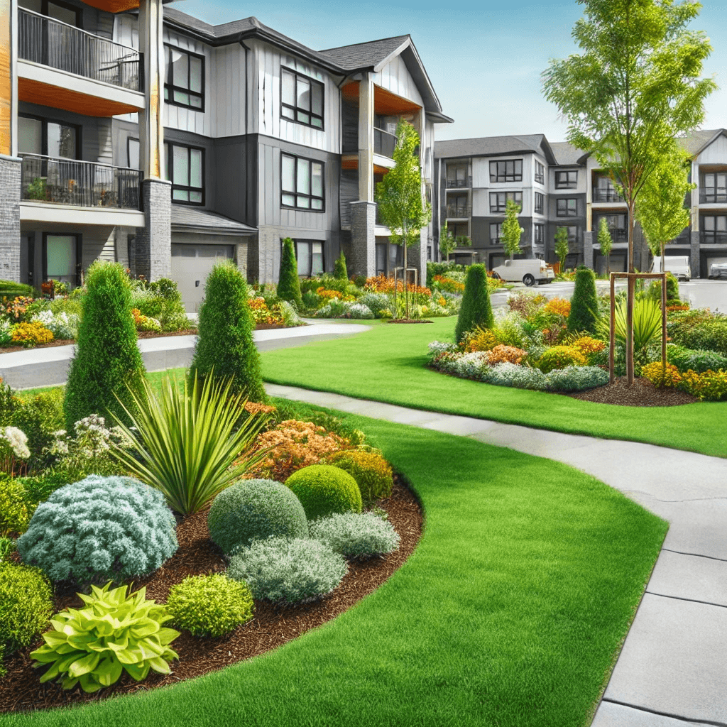 Professional rental property landscaping featuring manicured lawns and diverse plant arrangements